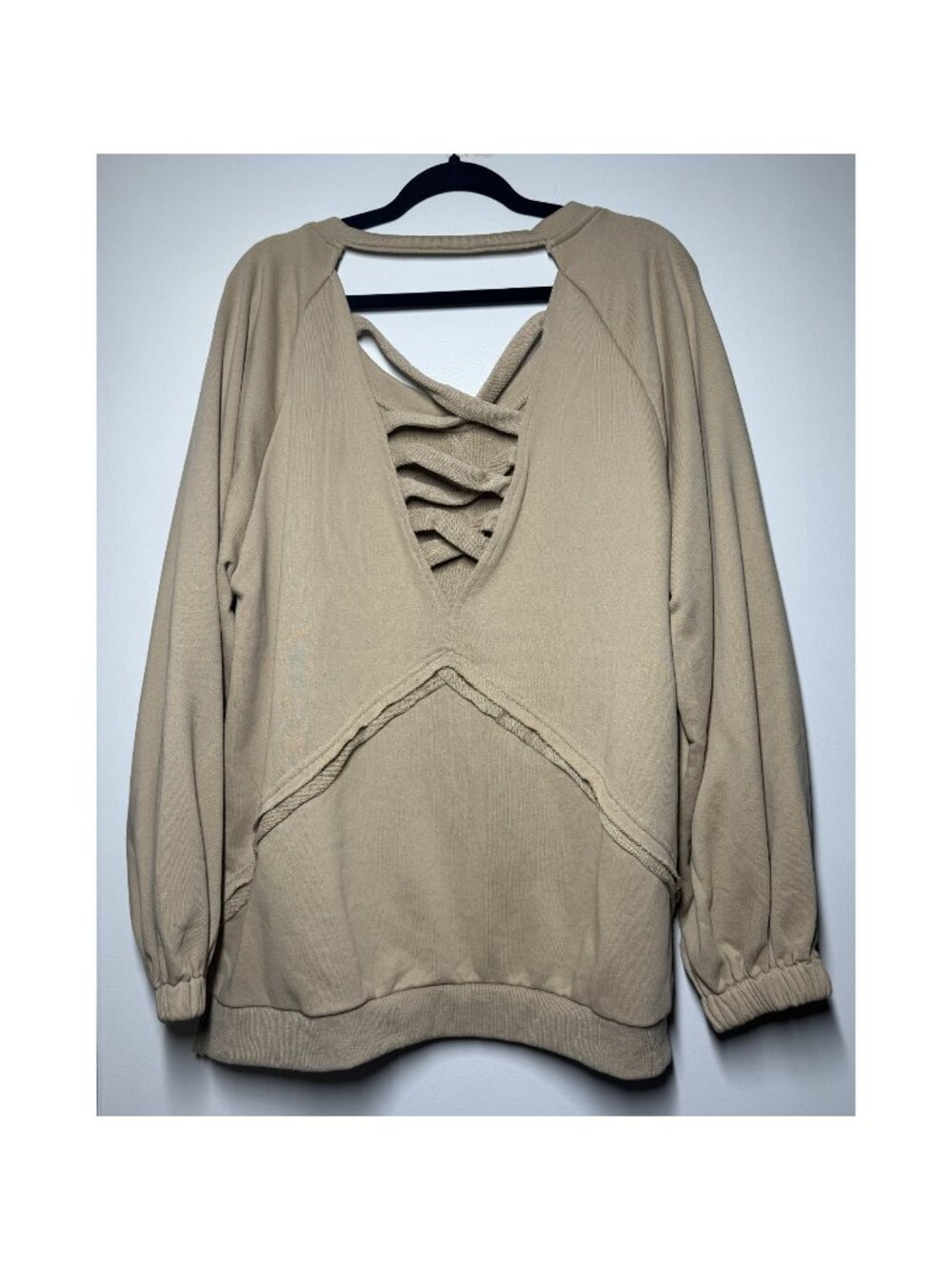 POL TKT622 Criss Cross Open Back French Terry Sweatshirt Tan L - Picture 3 of 13